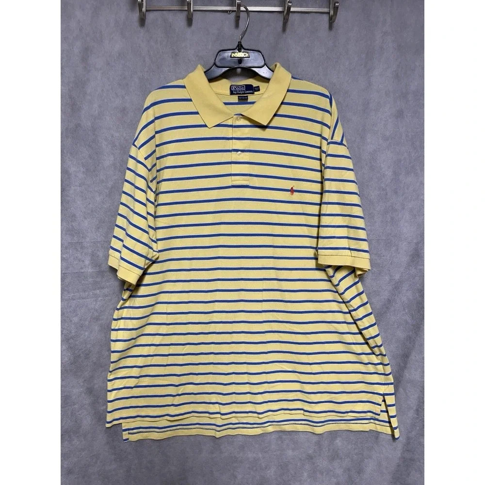 VTG Polo Ralph Lauren Polo Shirt Men 4XLT Yellow Striped Pique Casual Preppy Y2K